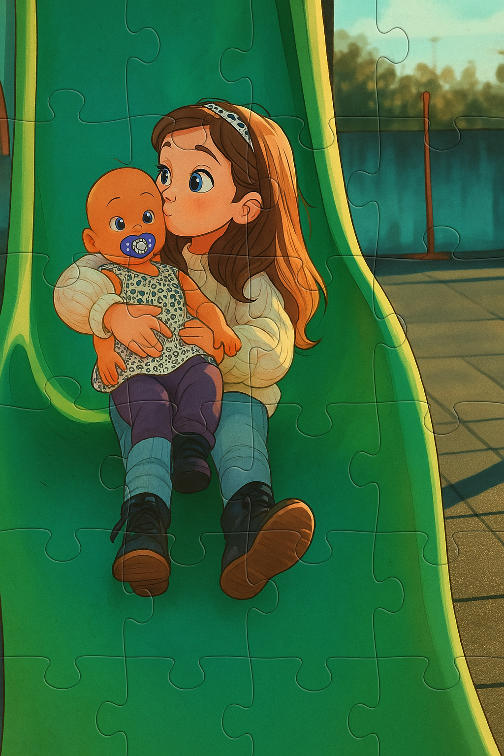 Puzzle personalizado de uma menina com bebê em escorrega