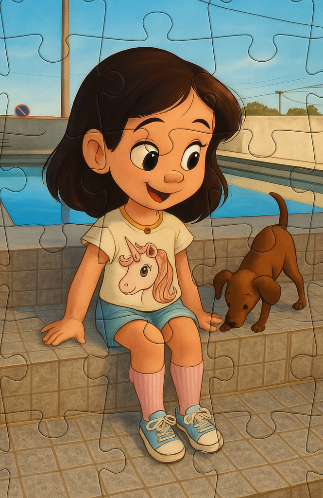 Puzzle personalizado de menina com cachorrinho na piscina
